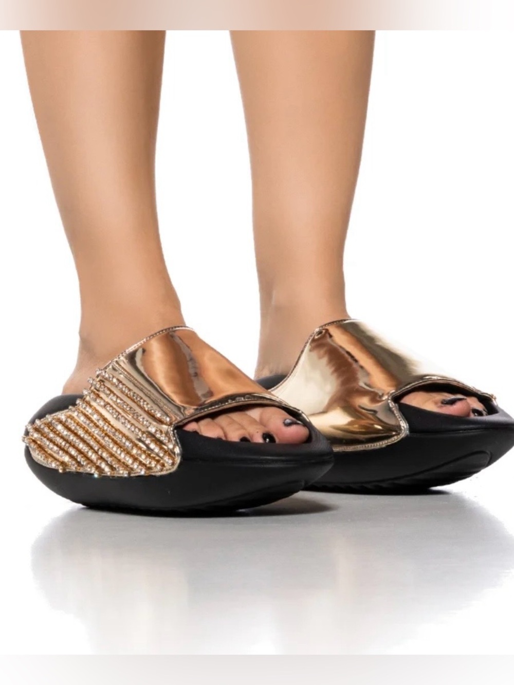 AZALEA WANG BUGGY SLIDE Black Gold Rhinestone unique curved Flatform Rubber base - Picture 3 of 16